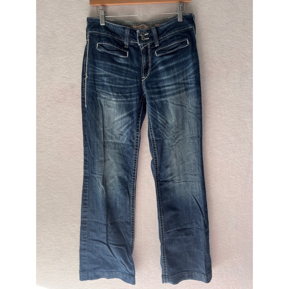 Ariat REAL Denim Mid Rise Trouser Jeans 30L Dark Wash Contrast Stitch Wide Leg